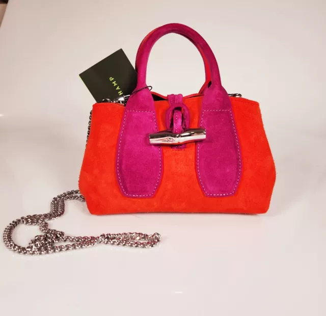 Longchamp Roseau XS Pink Orange Suede Leather Chain Tote Crossbody Bag France
