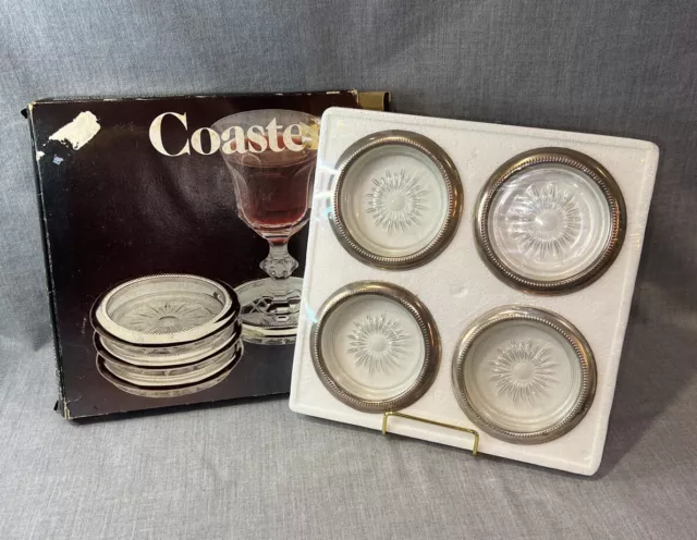 Leonard Silver Four Piece Coaster Set Silverplate & Crystal Glass Coasters  New