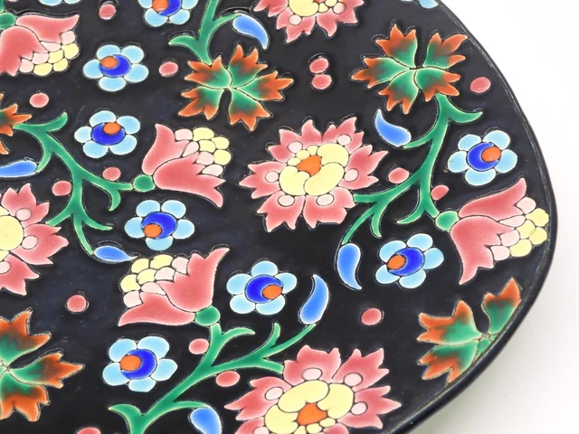 *BELLE ANCIENNE ASSIETTE CERAMIQUE  LONGWY NOIRE FLEURS MULTICOLORES Déco 5670 D 5