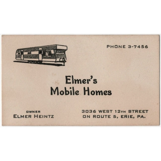 VTG. 1940'S ELMER'S Mobile Homes Business Card Art Deco Camper Trailer