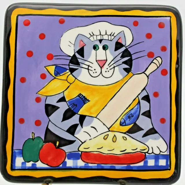 Vintage Catzilla Cat Ceramic Trivet Candace Reiter Tabby Cooking Apple Pie 6"x6"