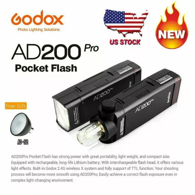 Godox AD200Pro TTL 2.4G HSS Pocket Flash Light Speedlite + AD-S2 Reflector Gift