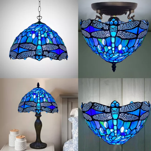 Tiffany style Lamps 10-12" Blue Stained Glass Handcrafted Art E27 Light Home UK
