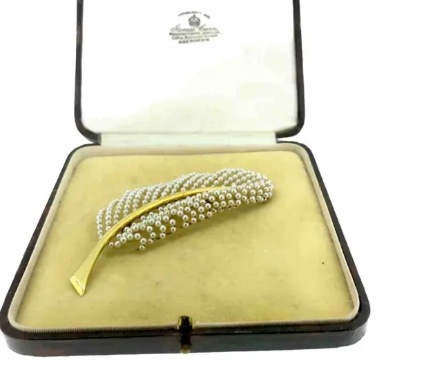 Vintage Gold Tone Wired Pearl Feather Brooch Large