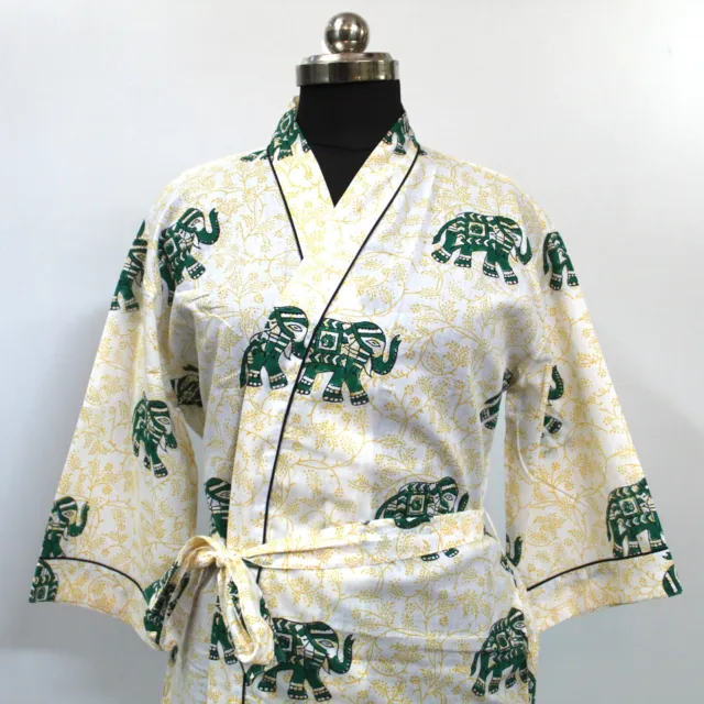 Traditional hand Block Printed Cotton Kimono Robe, Elephant Print Dressing Gown