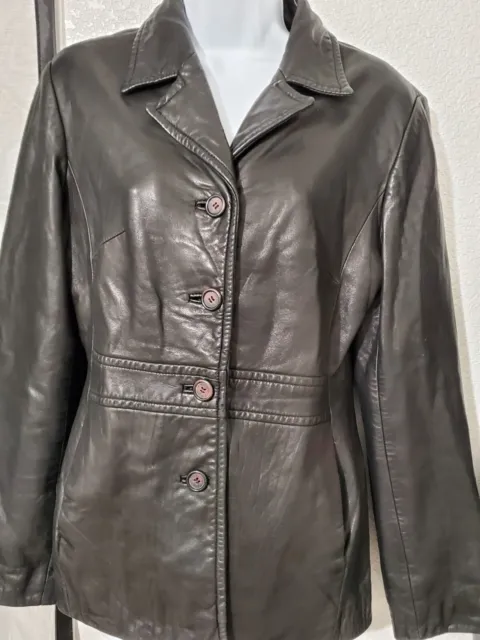 FRENCHI Womens Black Leather Buttery Soft Button Front Coat/Jacket Sz M PRISTINE