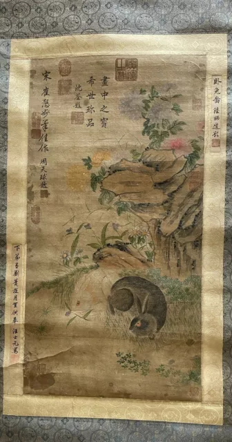 Antique Chinese Vertical Silk Scroll painting 74+ 27’ Rabbit