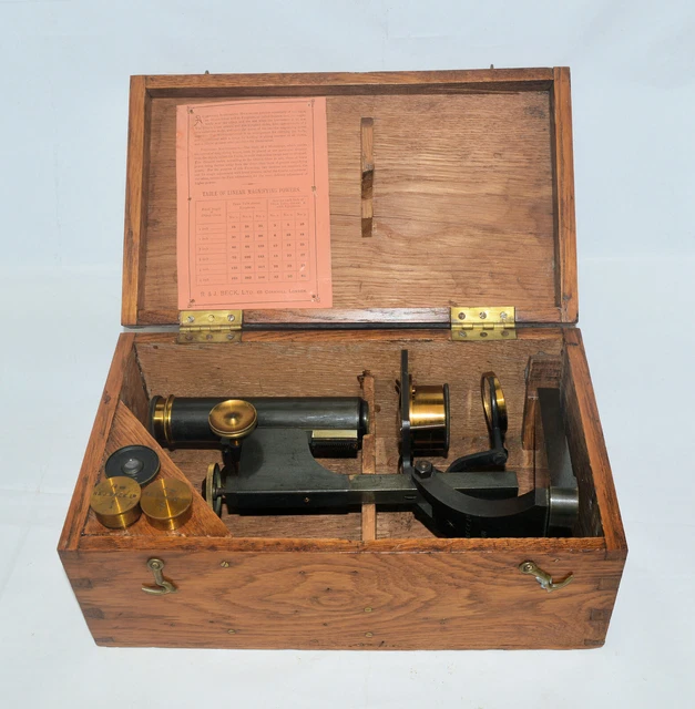 R & J Beck monocular brass microscope in case 'Star' model.