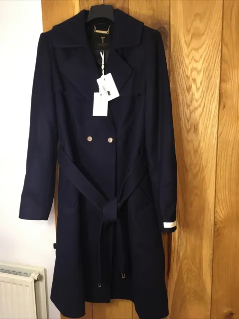 Womens Ted Baker Mac Detail Long Wool Coat Navy Blue Size 3 Approximately Uk 12.