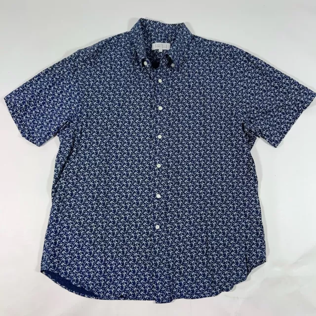 Barneys New York Button Up Shirt Mens Large Short Sleeve Blue Floral 100% Cotton