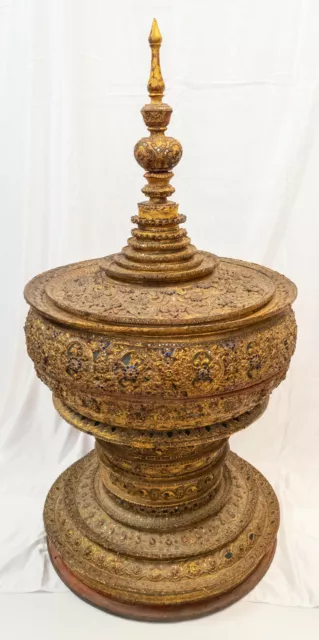 43" Massive Gilt & Glass Rhinestone Lacquer Stupa Thai Burmese South East Asian 11