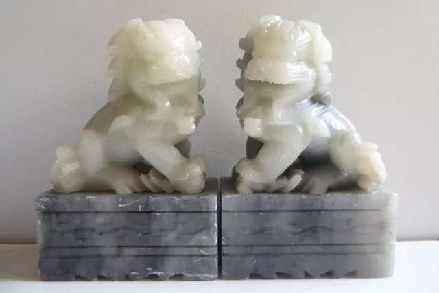 Vintage Pair Chinese Carved Soapstone Foo Dog Dragons Statues