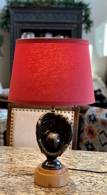 Pottery Barn Teen Baseball Light Wood Lamp with Red shade HTF 2008