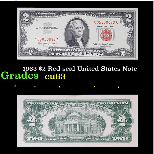 1963 $2 Red seal United States Note Grades Select CU (Choice Uncirculated)