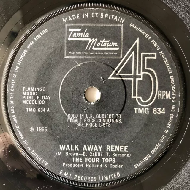 VIER TOPS Walk Away Renee mit Mama 7" 45 1/min UK 1967 Solid Center Sehr guter Zustand +