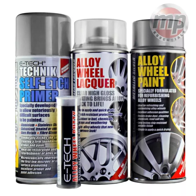 E-Tech Alloy Wheel Refurb Repair Putty, Primer, Lacquer & Metallic Silver Paint