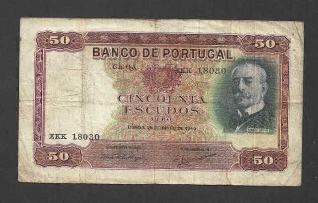 50 Escudos Vg Banknote From  Portugal 1949  Pick-154  Rare