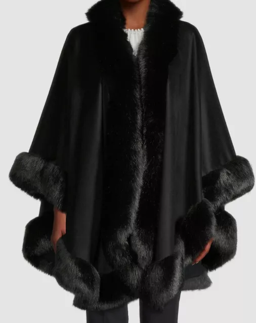 $1697 Sofia Cashmere Women's Black Fur Cashmere Cape Jacket Coat One Size