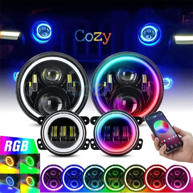 7" LED RGB Bluetooth Headlights + 4" Muti-Color Fog Lights  For Jeep Wrangler JK