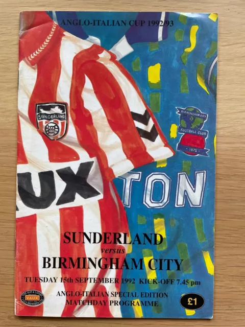 Sunderland v Birmingham City Anglo Italian Cup 15/09/1992 **NO WRITING**