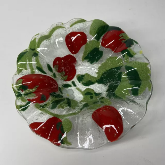 Sydenstricker Strawberry Floral Fused Art Glass Ruffled Edge Small Bowl