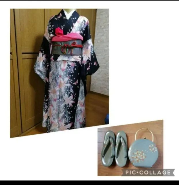 Kimono full set size L good long sleeves Japanese furisode belt #75