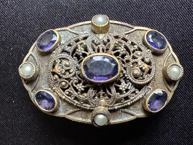 Magnificent Antique Victorian French Brooch - Metalwork, Pearls, Amethyst 1 5/8"