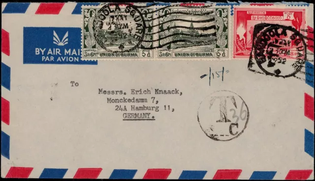 Birma; 8 A. und 3 A. (2) Freim. 1949 auf Lupo.-Brief 1952 nach Hamburg, Nachtaxe
