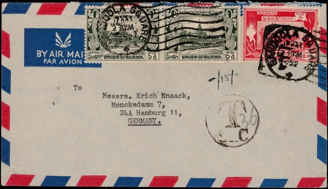 Birma; 8 A. und 3 A. (2) Freim. 1949 auf Lupo.-Brief 1952 nach Hamburg, Nachtaxe