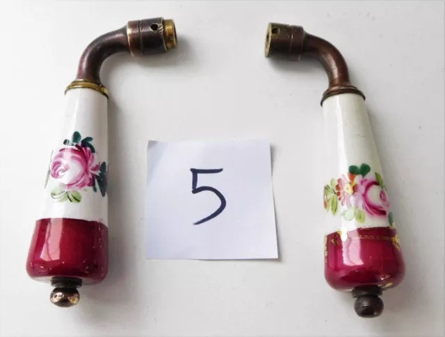 Ancienne Paire de Poignée Béquille de Porte en Porcelaine Déco Florale Peinte,#5