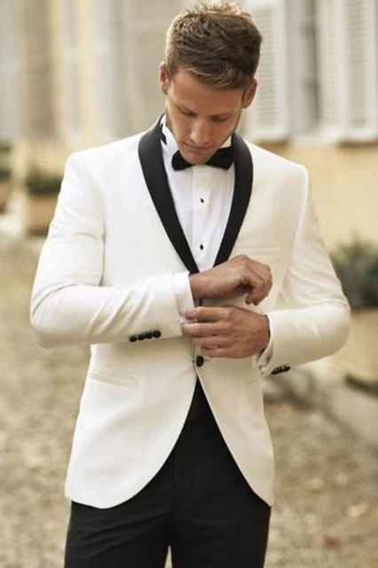 WHITE GROOM TUXEDOS Men Wedding Suits Black Shawl Lapel and Pants