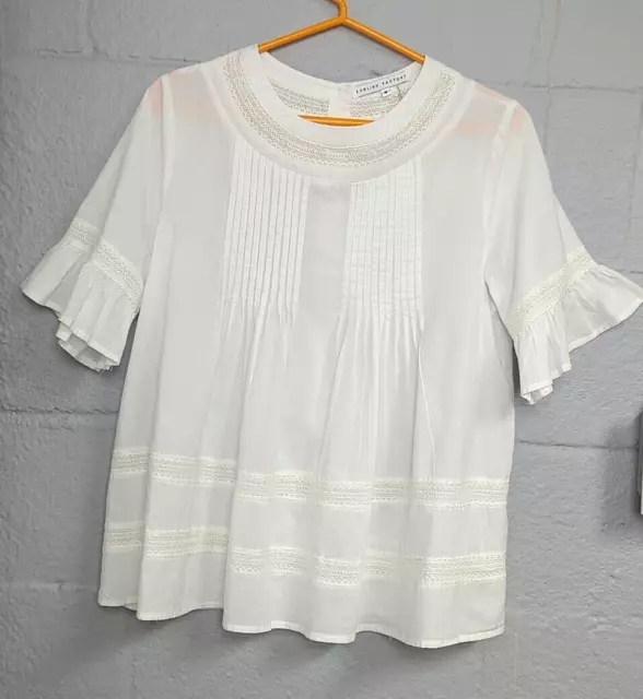 English Factory Womens White Lace Crew Neck Ruffle Sleeve Blouse Top Size M