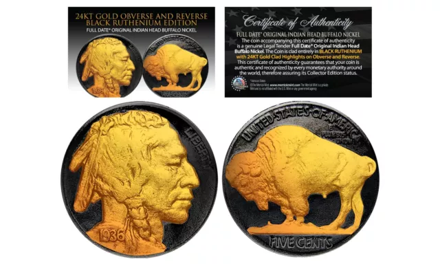 1930's BLACK RUTHENIUM & 24K Gold Original Indian Head Buffalo Nickel FULL DATES