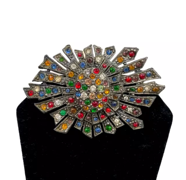 Sunburst Starburst Antique Art Deco Brooch Colorful Czech Rhinestones Pot Metal