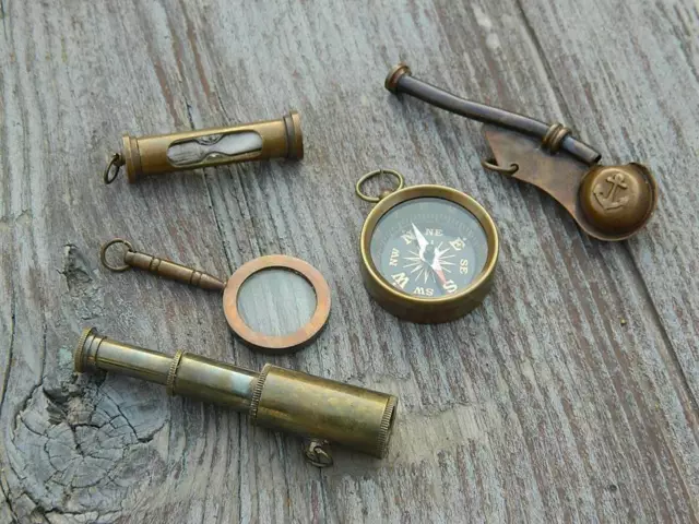 Gift Set Of Telescope,Compass,Magnifier,Bosun Whistle,Sand Timer Brass Nautical