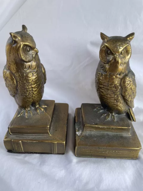 1970 Vintage Cast Bronze Owl Figurine Sculpture Bookends Mid-Century Modern Pair