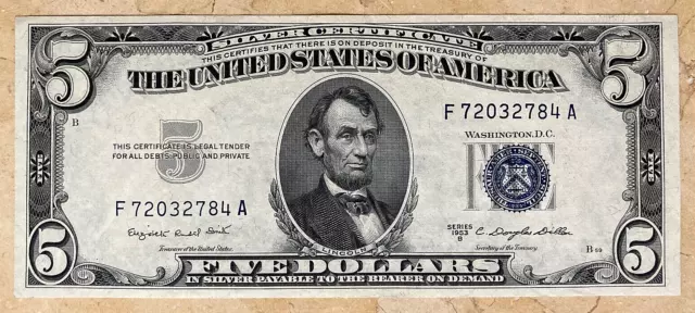 $5  1953B Silver Certificate Blue Seal Fa Block Smith Dillion Crisp Uncirculated