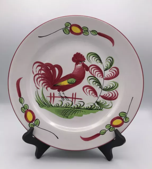 French Faience Dinner Plate Green Red Rooster Vintage 19th Century Hand Painted