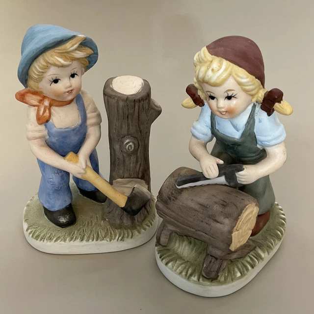 VTG Bisque Porcelain Boy & Girl Set Of 2 Chopping Sawing Wood Farm Chores 5”
