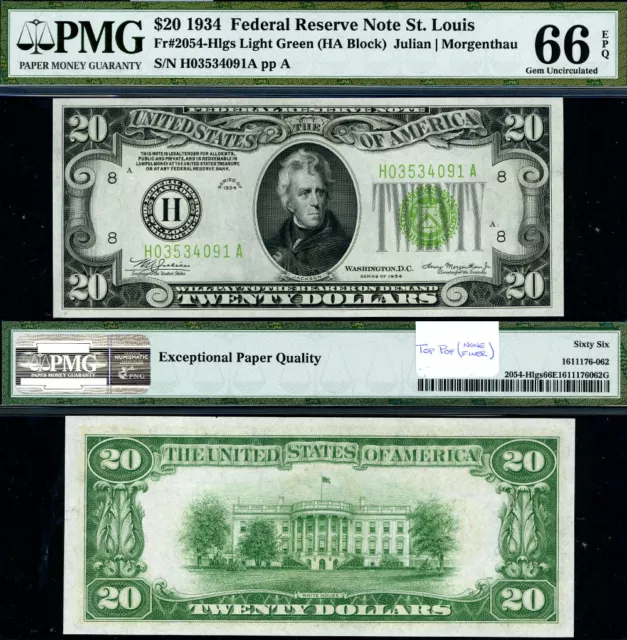 FR. 2054 H $20 1934 Federal Reserve Note St. Louis H-A Block LGS Gem PMG CU66 EP