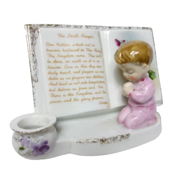 Adorable Praying Boy Porcelain Figurine, Vintage Religious Décor w Lord’s Prayer