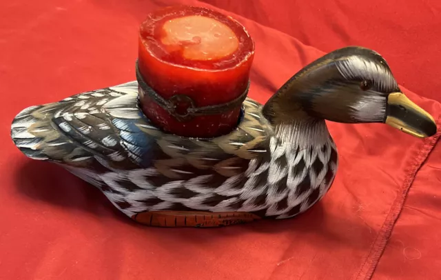 WOODEN MALLARD DUCK CANDLE HOLDER Vintage Hand carved