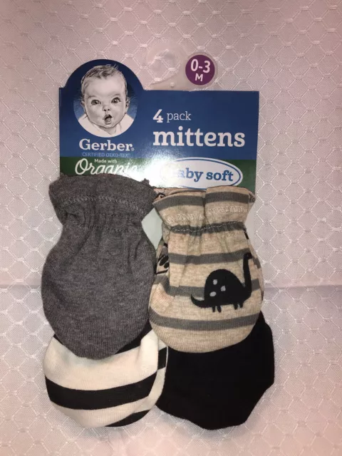 New Gerber 4 Pack Baby Boy Scratch Mittens Gloves 0-3 Months Dino Dinosaurs Gray