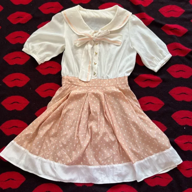 Kawaii Beige White polka dot bow chiffon dress XS-S