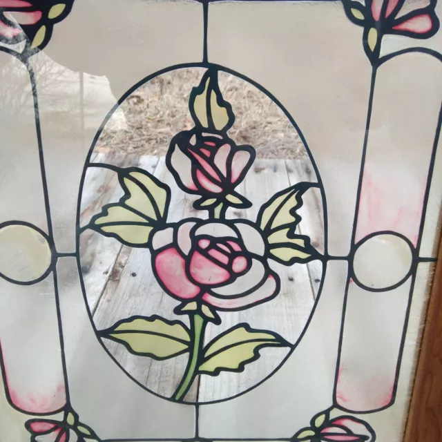 Vintage Stained glass Pink Rose window wooden frame  18.5 x 15 in 3