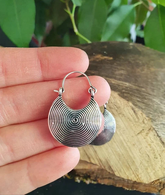 Small Silver Plated Vintage Afghani Spiral Brass Earrings Tribal Mandala Hoops