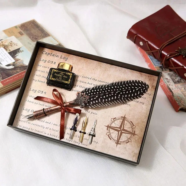 (BLACK) CALLIGRAPHY FEATHER Dip Pen Antique Quill Pen Ink Set With 5· £ ...