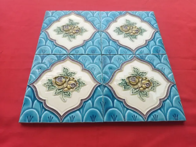 4 Piece Old Art Deco Floral Embossed Design Majolica Ceramic Tiles Japan 0128 3