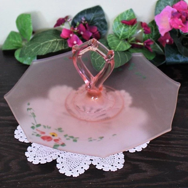 PINK DEPRESSION FROSTED Glass Umbrella Dessert Tray Dish Plate 11 inch