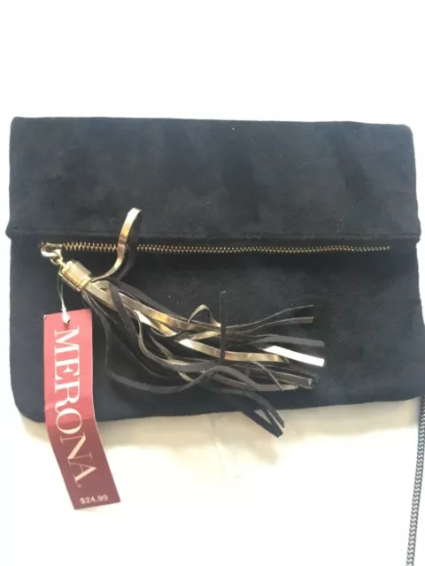 B91 Womens Merona Velvet Tassel Clutch Black NEW